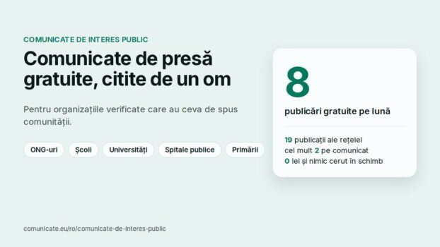 Card cu programul Comunicate de interes public: până la 8 publicări gratuite pe lună, pe 19 publicații, pentru ONG-uri, școli, universități, spitale publice și primării.